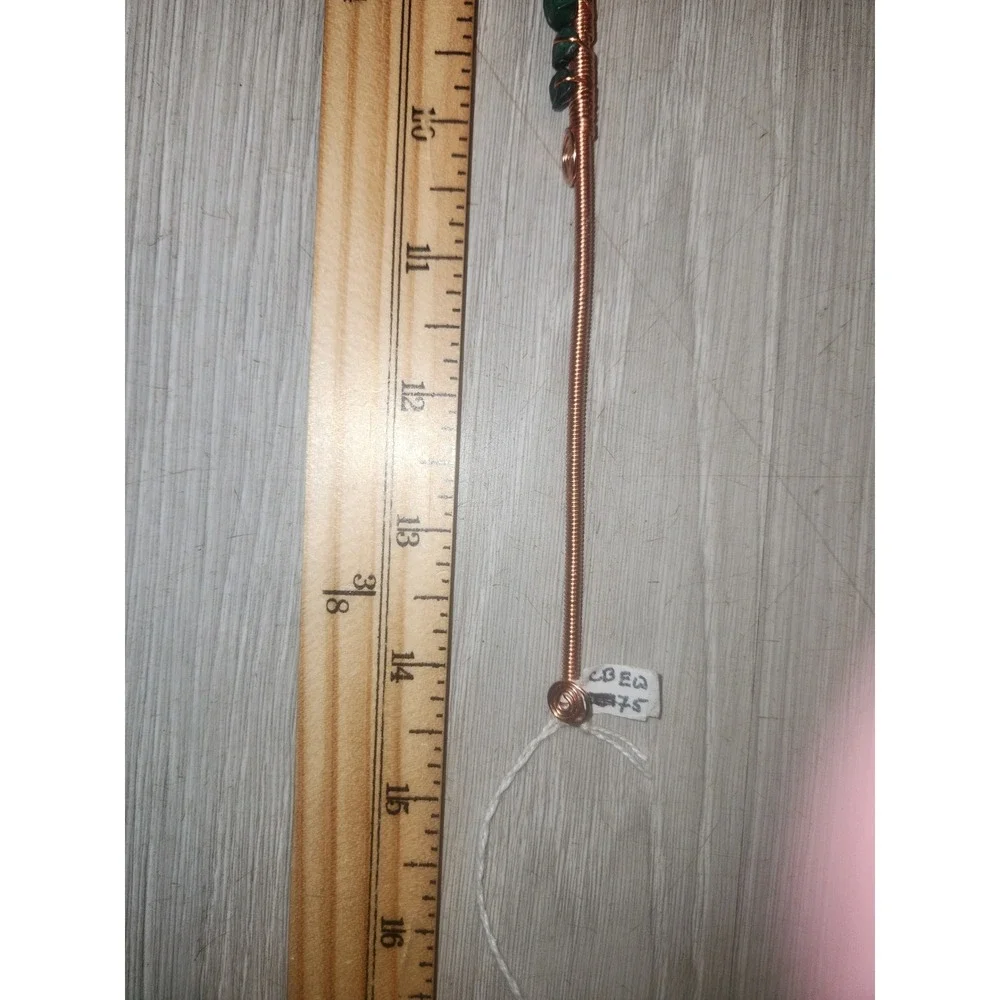 Malachite Rutilated Quartz Copper Wire Wrapped Feather Hair Pin Wand 14.5 Inch